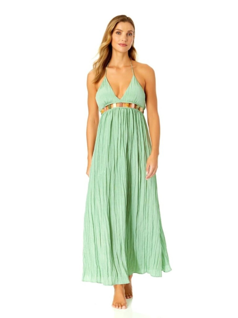 Ibiza by Anne Cole V-Neck Jewel Maxi Dress Cover up for Women, Basil, Sz. M